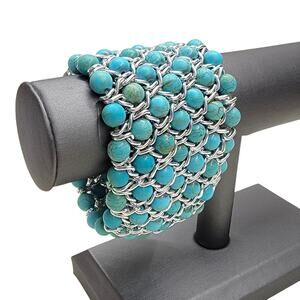 Turquoise Bead Silver Tone Wide Mesh Cuff Bracelet Chainmail Statement Boho